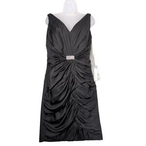 Vtg Jade Couture Black Satin Cocktail Dress, Sz 12 Plunge V-Neck Rhinestone Glam